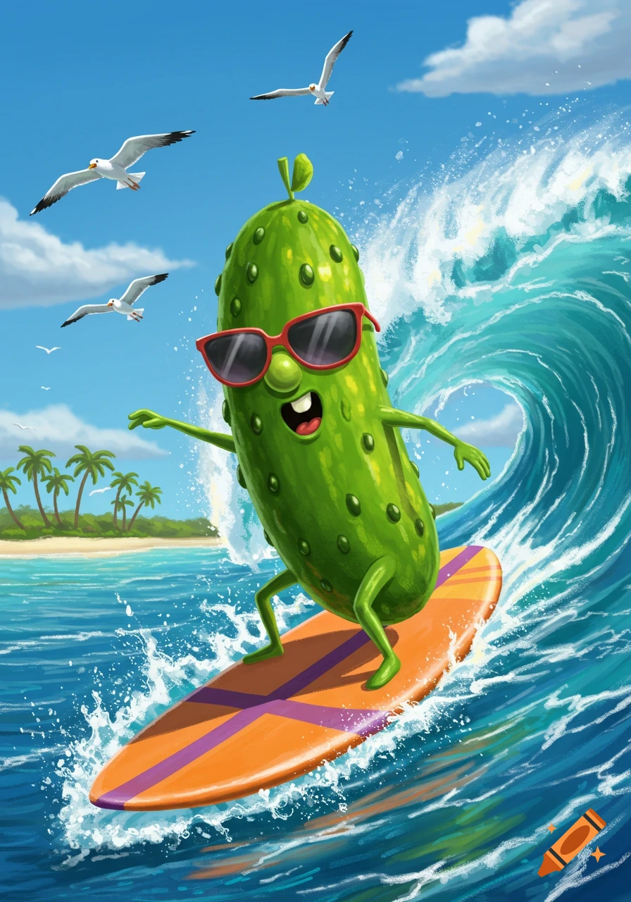 A vibrant cartoon pickle with red sunglasses surfs on a large ocean wave with a beach and palm trees in the background, and seagulls flying above.