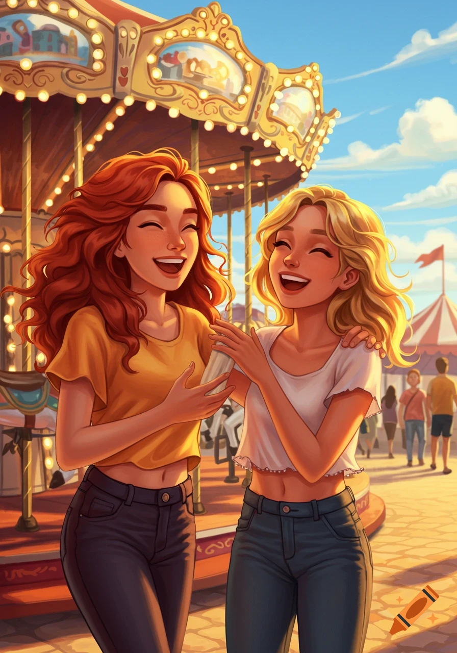 Two cheerful, illustrated young women, one redhead and one blonde, laugh together at a vibrant amusement park with a carousel.