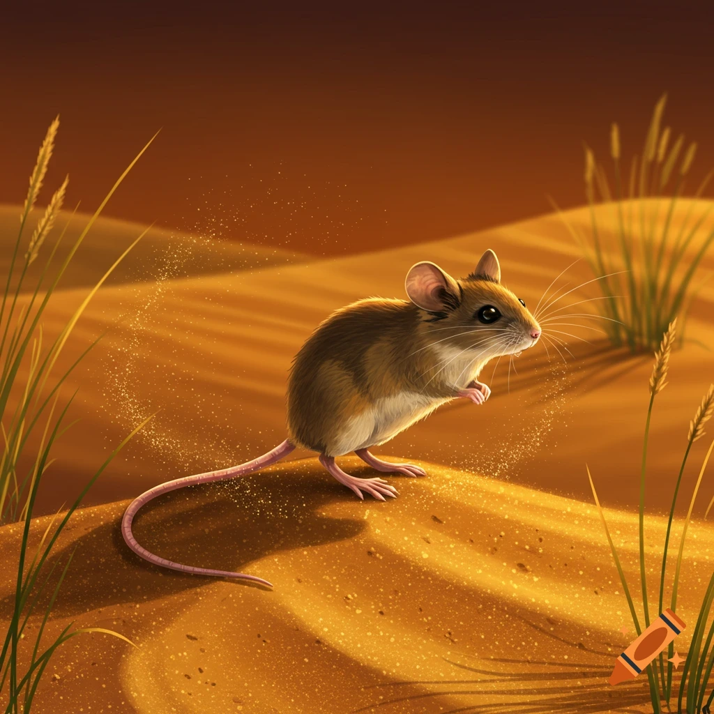 A small brown desert mouse stands on a sandy dune with sparse dry grass under warm sunlight.