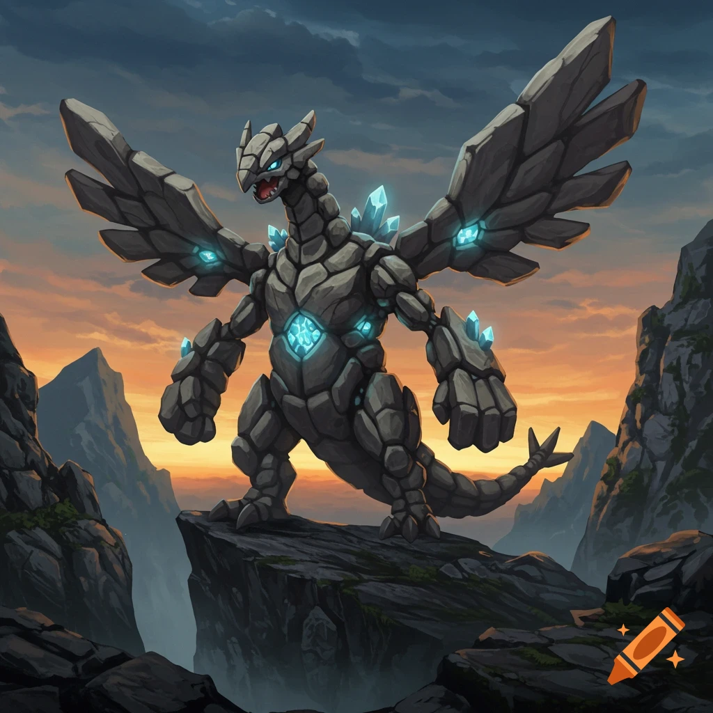 A powerful, grey rock creature with glowing blue crystals and large wings stands on a rocky mountain peak at sunset, in an illustrated style.