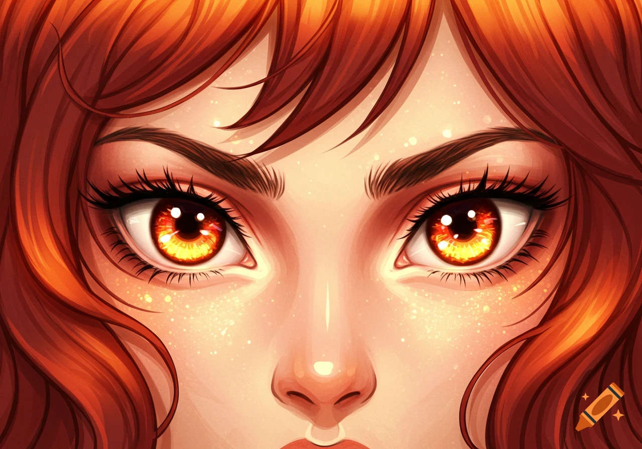 Close-up stylized illustration of a person with orange-red hair, fiery brown-orange-yellow anime eyes, and sparkling skin.