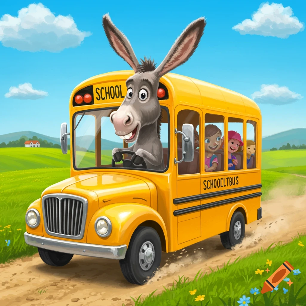 A happy cartoon donkey drives a yellow school bus with children through a sunny, green countryside.