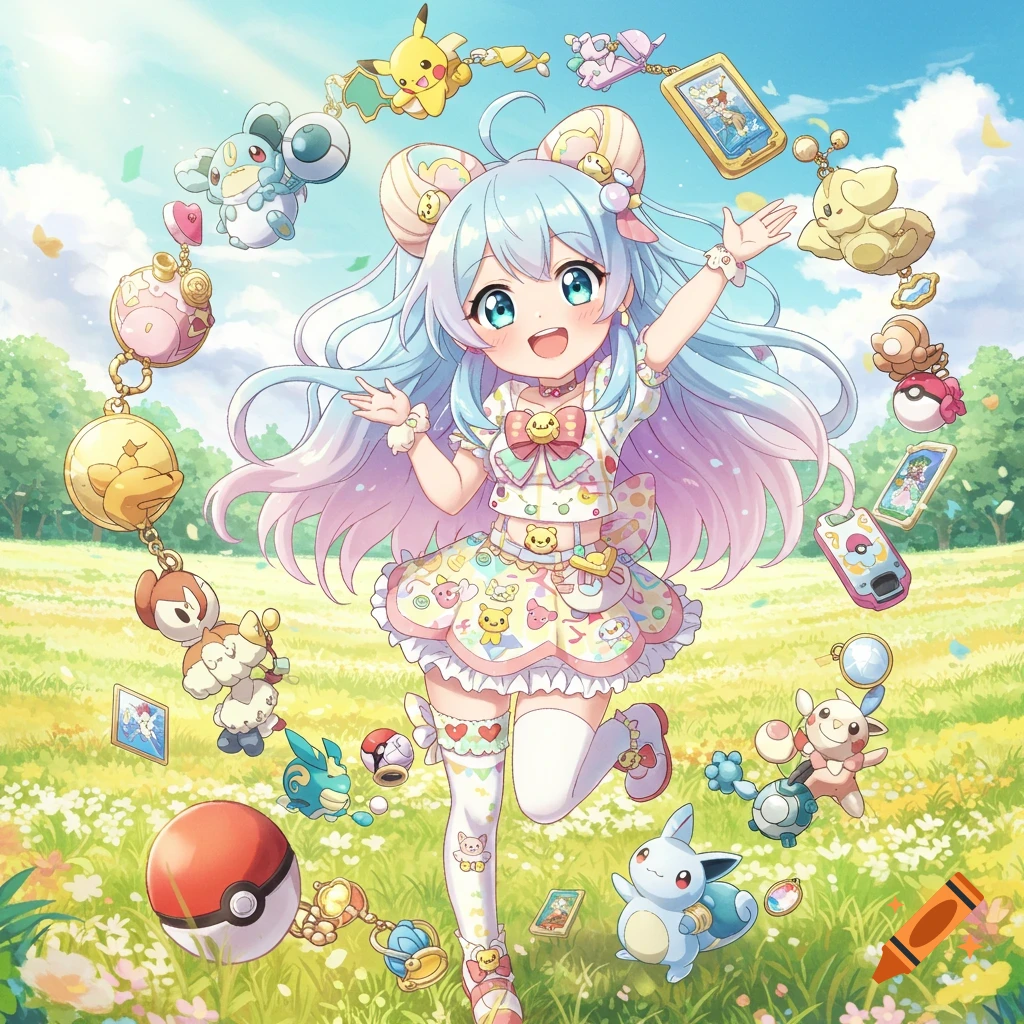 Cute anime girl with light blue hair, surrounded by Pokémon and accessories, running happily in a sunny green field.