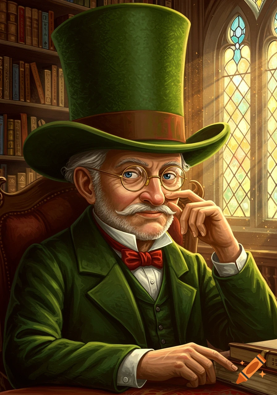 A stylized illustration of a white-haired old man in a green top hat and suit, with a red bow tie, gold glasses, and a mustache, sitting in a library.