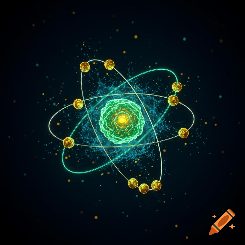 A vibrant green, textured atom nucleus glows, surrounded by golden electrons orbiting on bright teal energy paths against a dark, speckled background.