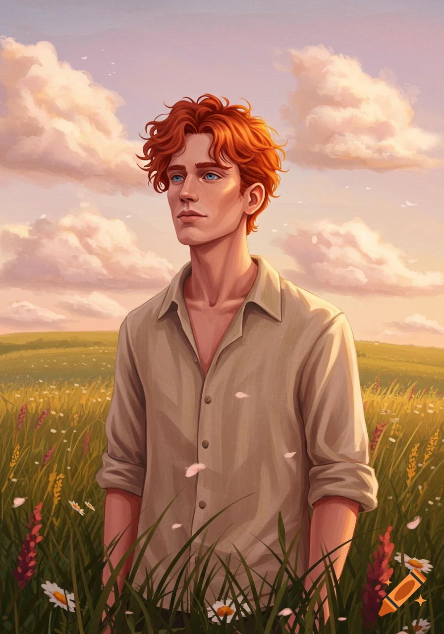 An illustrated portrait of a red-haired man with blue eyes in a grassy field with wildflowers under a cloudy sky.