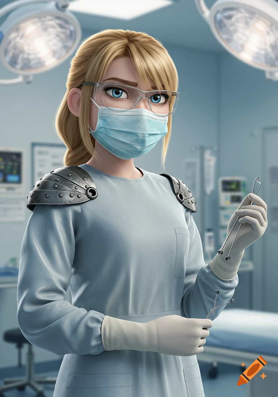 Astrid Hofferson in a surgical gown, mask, safety glasses, and gloves, holding medical tools in an operating room.