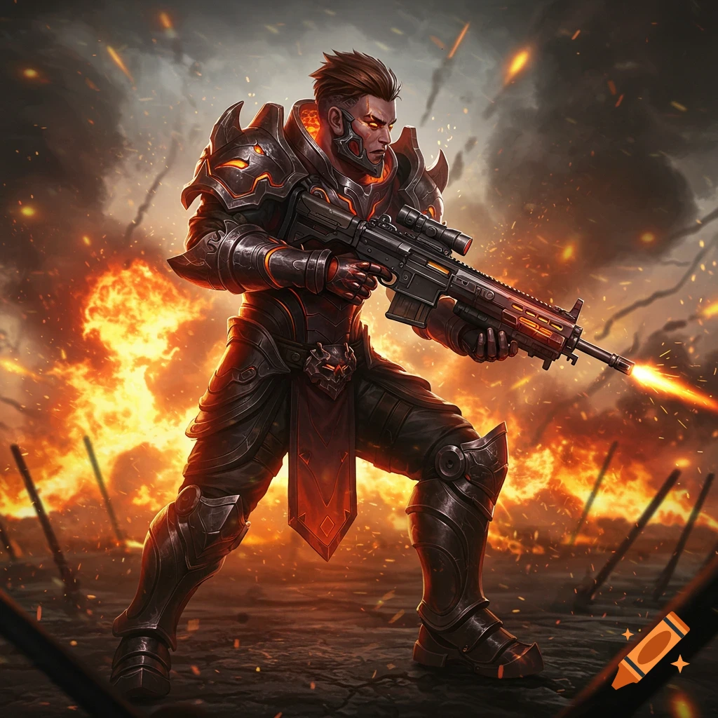 A male fire-class gamer character in dark, glowing armor holds a futuristic rifle amidst a fiery battlefield.