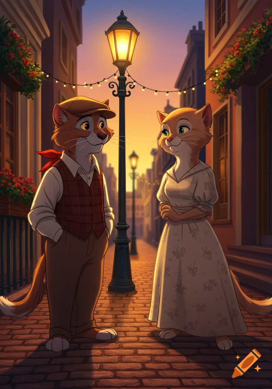 Two anthropomorphic cats in Don Bluth animation style stand on a cobblestone street at dusk, under a lit lamppost.