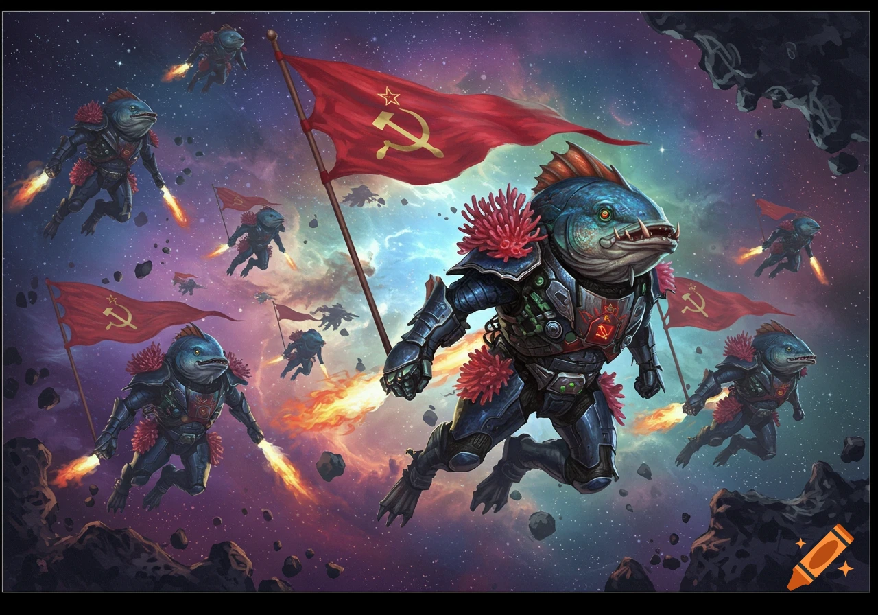 Anthropomorphic fish warriors in futuristic armor fly through space, holding red flags with the hammer and sickle symbol, amidst asteroids and nebulae.
