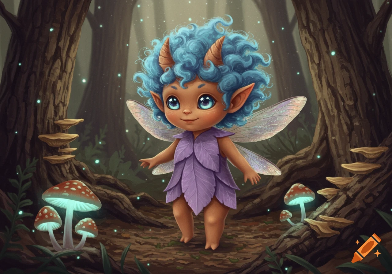 A cute, blue-haired horned imp with butterfly wings and a leaf dress stands in a magical forest with glowing mushrooms.