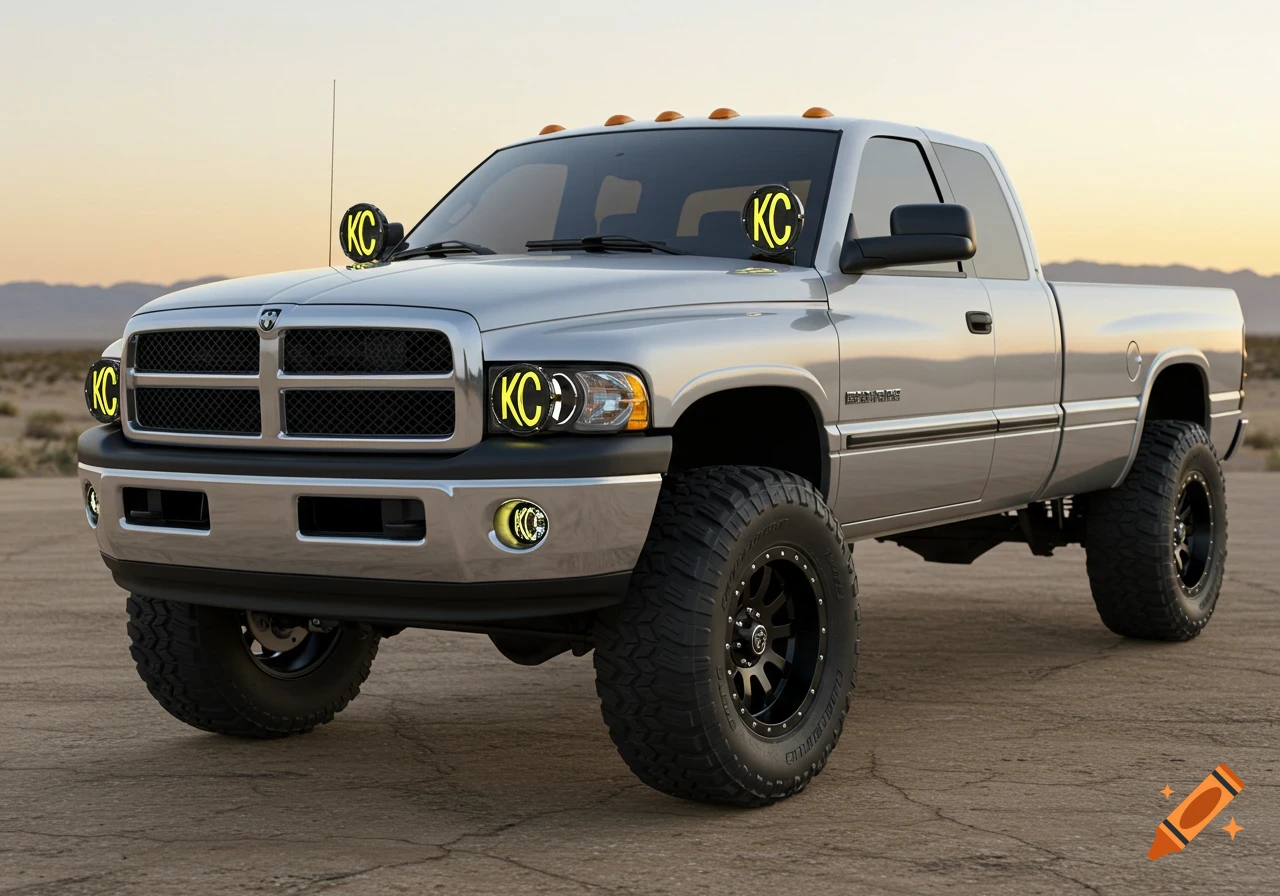 Photorealistic silver Dodge Ram 2500 pickup truck, lifted with large off-road tires and KC brand lights, parked in a desert landscape at sunset.