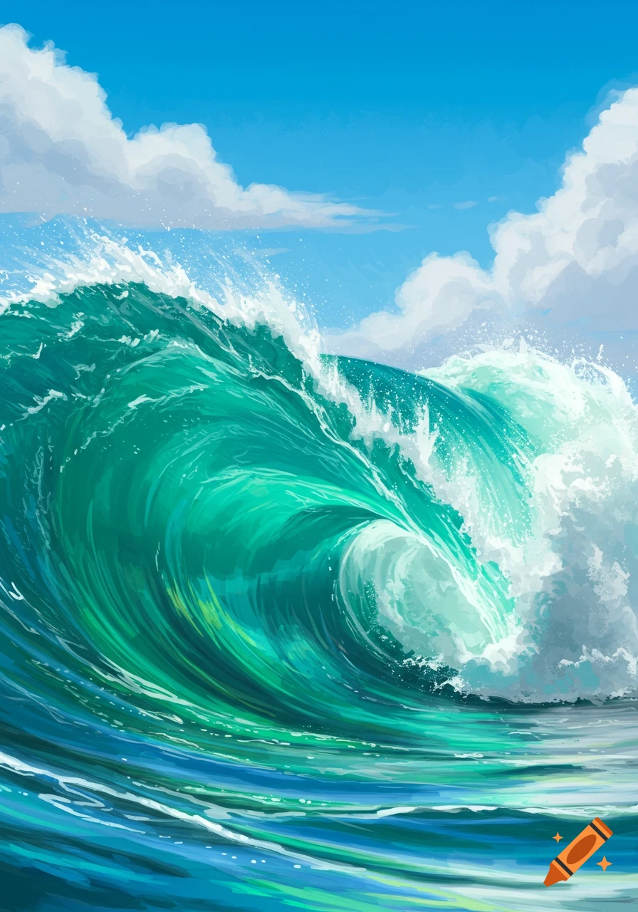Vibrant teal and green ocean wave crashing under a blue sky with white clouds, in a dynamic digital painting style.