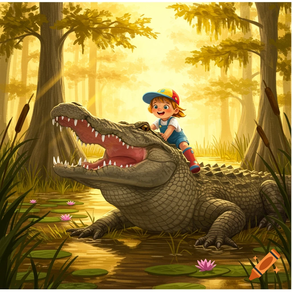 A happy cartoon child rides a large alligator with its mouth open in a sunny swamp.