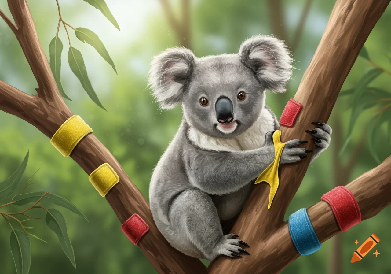 A fluffy grey koala bear clinging to a brown tree branch adorned with colorful red, yellow, and blue velcro patches, against a soft green background.