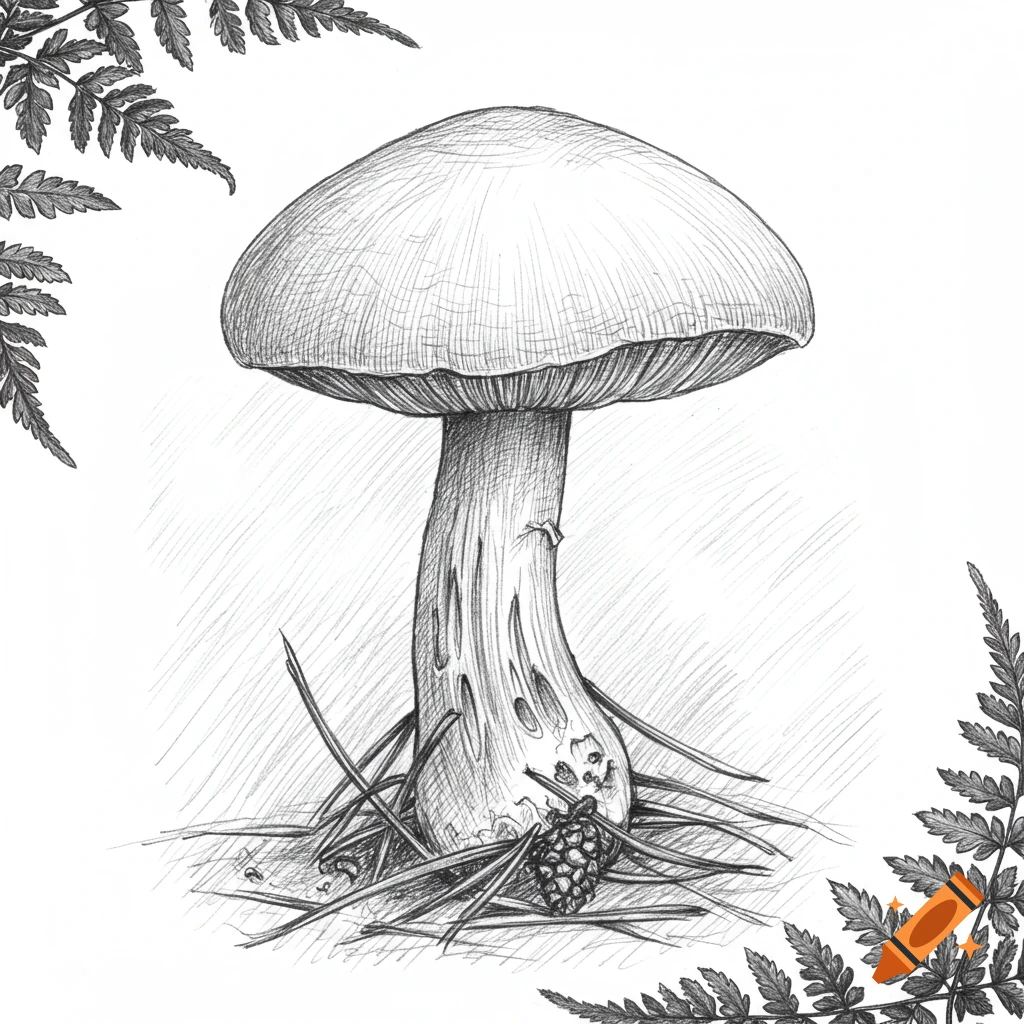 Detailed pencil sketch of a mushroom with a broad cap and thick stem, surrounded by pine needles, a small pinecone, and fern leaves.