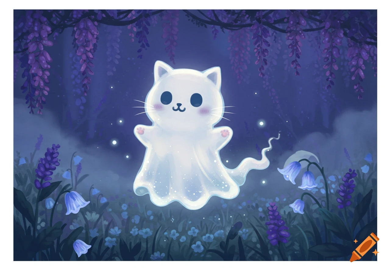 A cute, glowing white cat ghost with pink cheeks and paws floats in a magical, dark purple forest with wisteria and blue bellflowers.