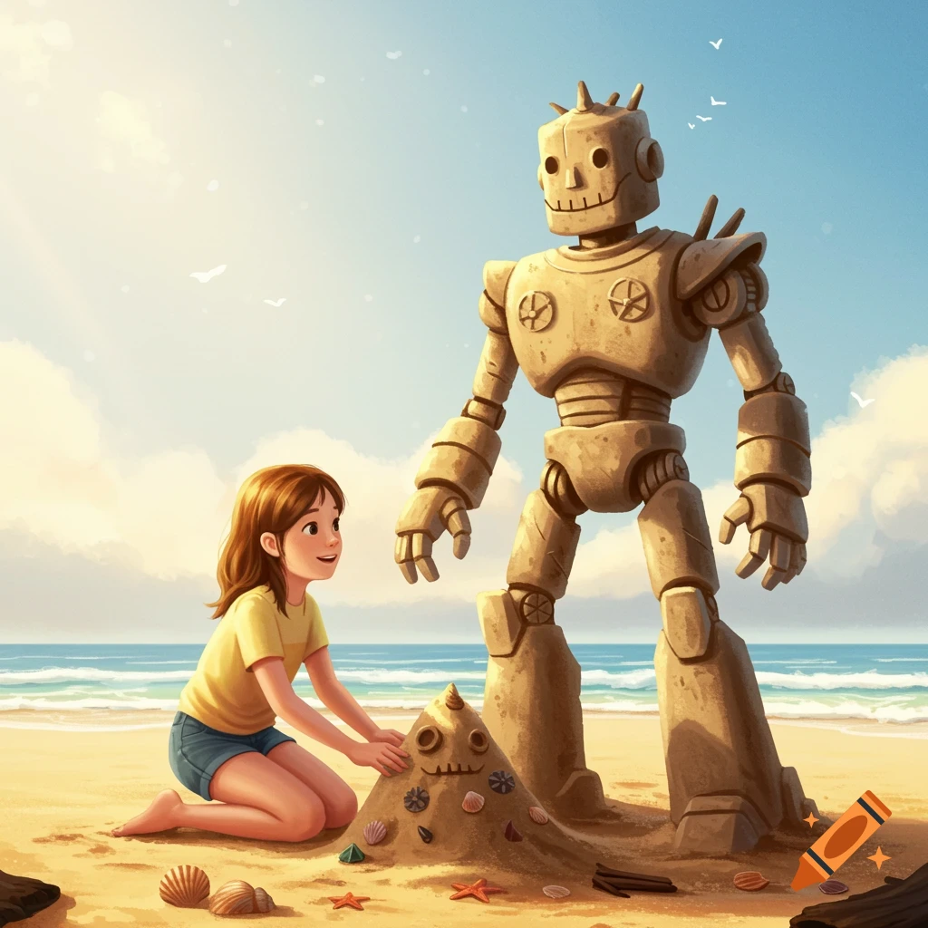 A young girl smiles while building a sandcastle on a sunny beach, next to a large, smiling sand robot. Digital illustration.