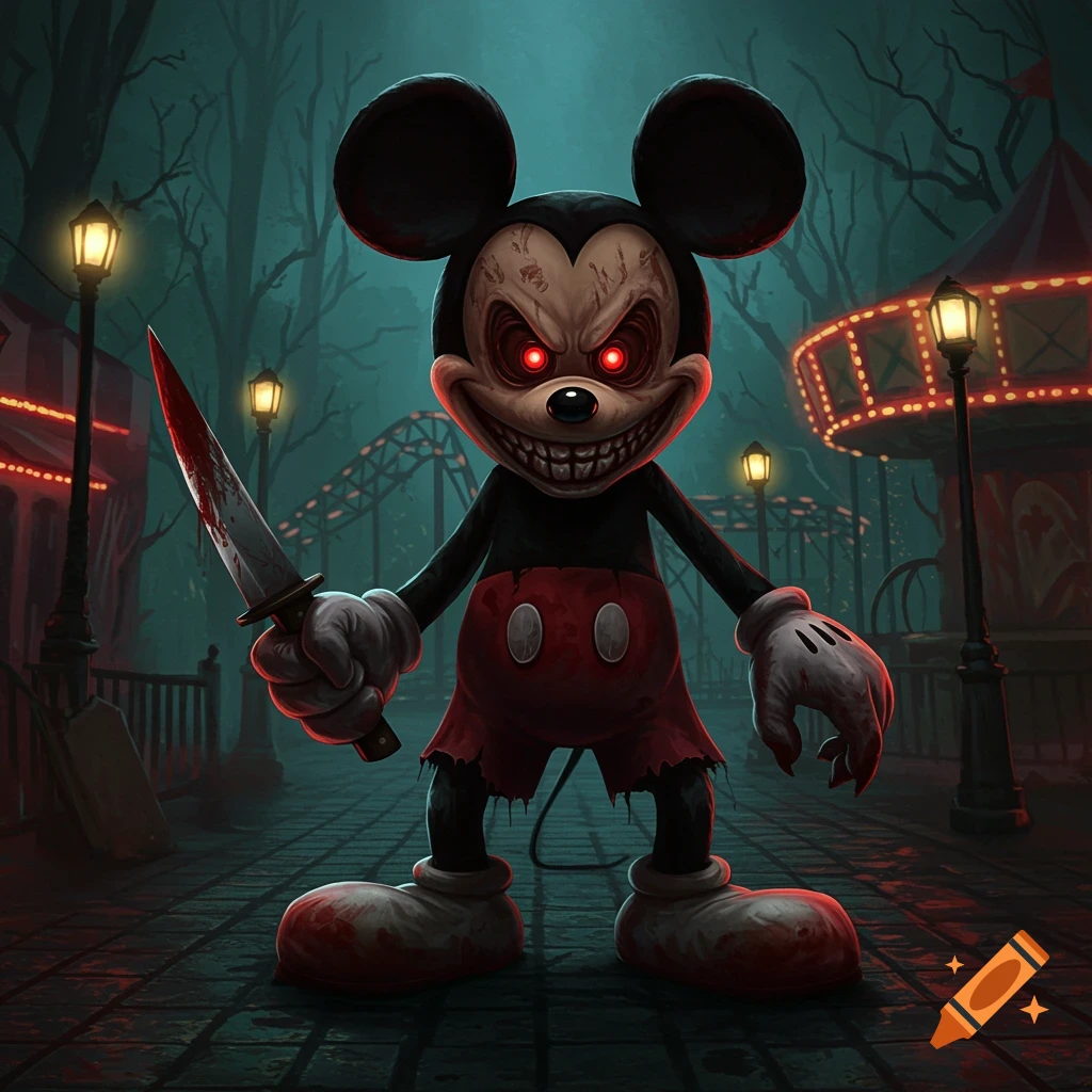 A terrifying, evil Mickey Mouse with red eyes and a bloody knife stands in a dark, creepy amusement park at night. Dark fantasy art style.