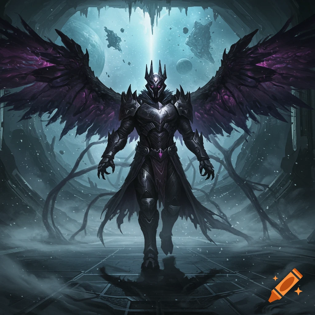 A dark, armored, winged figure with a horned helmet stands in an icy, cosmic cavern with planets and debris.
