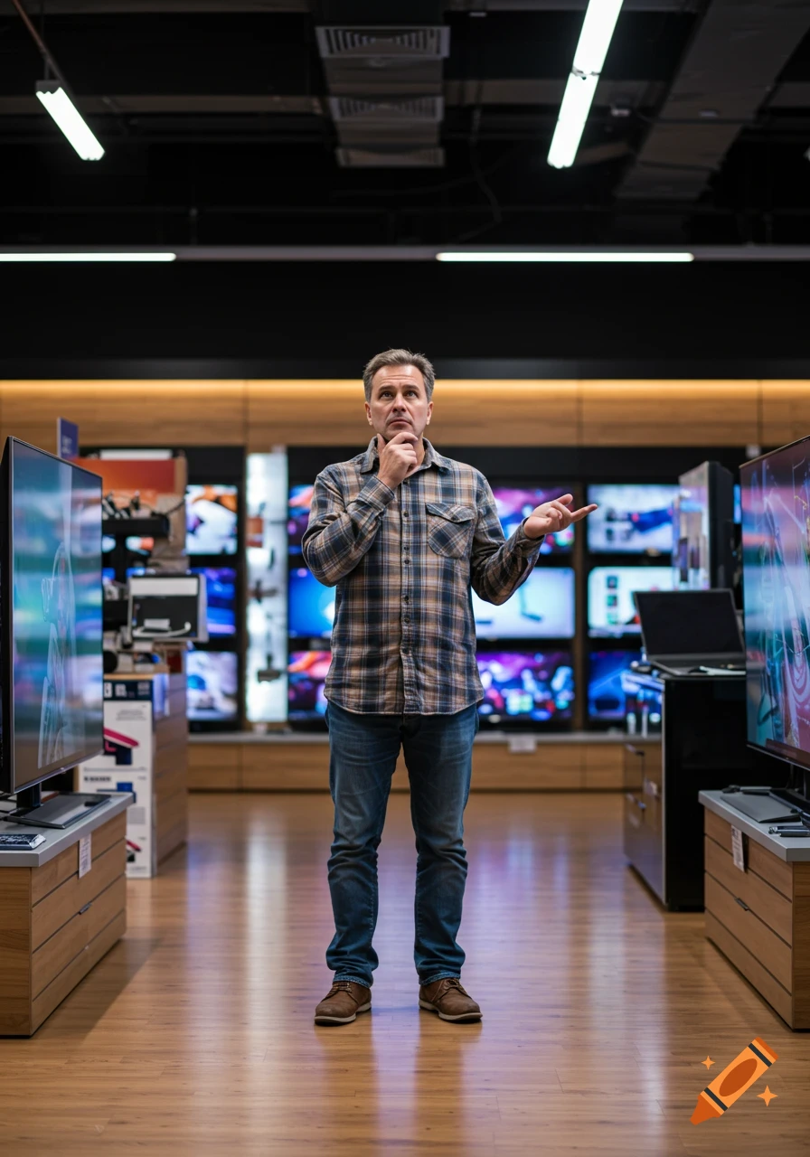 A man in a plaid shirt and jeans looks indecisive in an electronics store, surrounded by televisions.