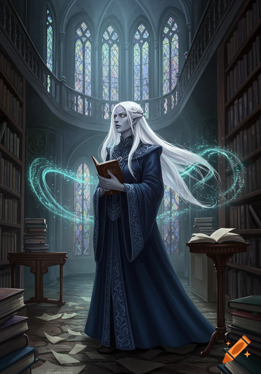A pale-skinned female elf scholar with white hair holds a magical book in a grand gothic library.