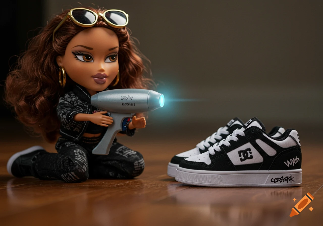 A Bratz doll kneels on a wooden floor, holding a toy ray gun with a glowing blue light, next to a pair of black and white DC Shoes.