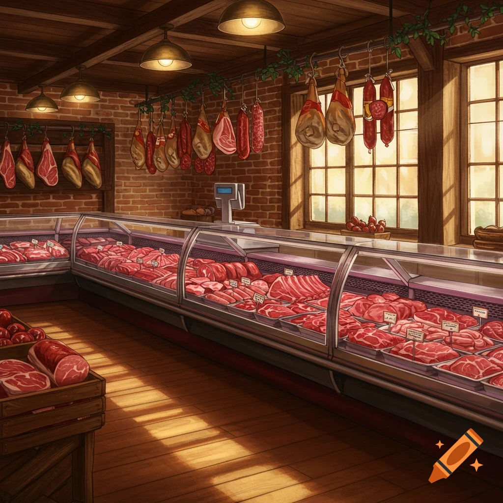 Warmly lit butcher shop interior with fresh raw meat in display cases and cured meats hanging.