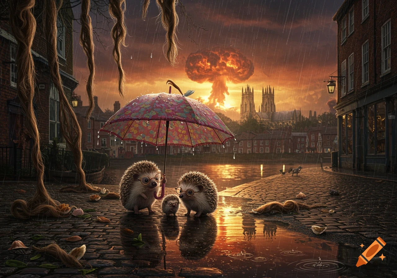 A family of three bespectacled hedgehogs huddle under a colorful umbrella in a rainy town, with a mushroom cloud in the distance.