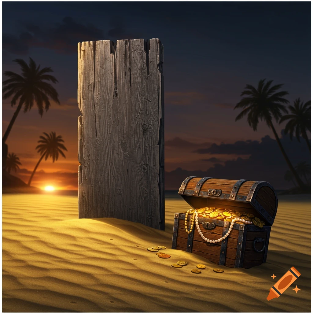 A weathered wooden plank stands in golden sand next to an open treasure chest overflowing with gold coins and pearls at sunset, with palm trees in the background.
