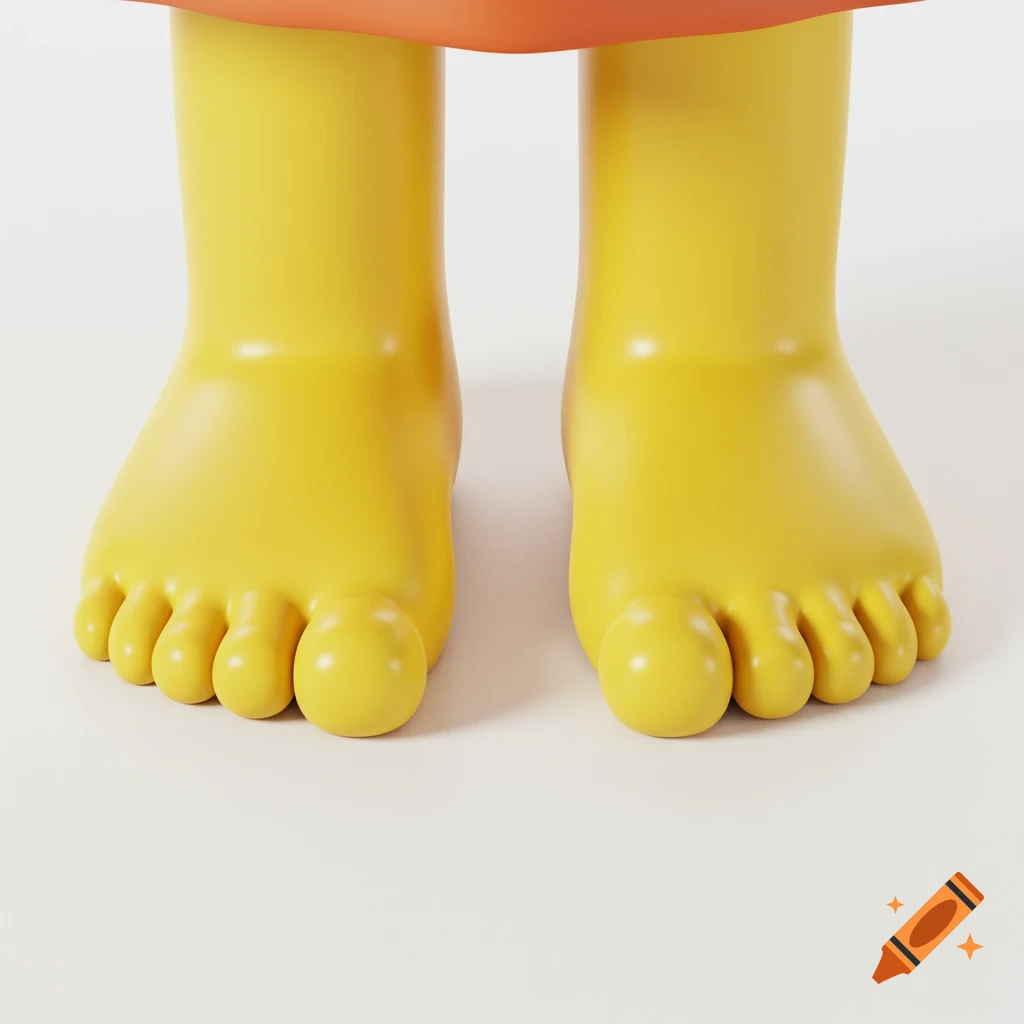 Closeup of stylized yellow bare feet with five toes each, on a white background, resembling a cartoon character's feet.