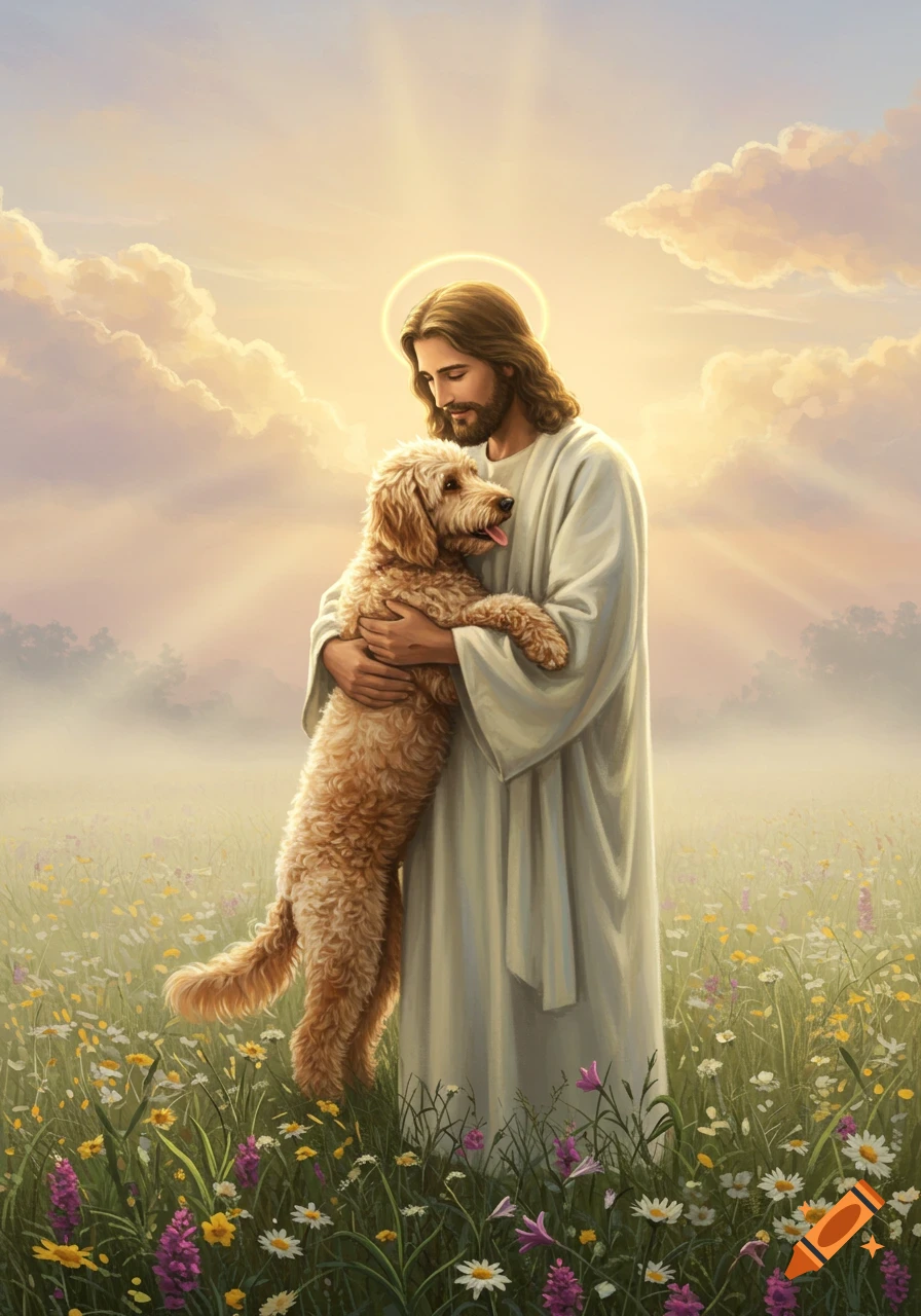 Jesus holds a golden doodle in a serene field of wildflowers under a bright, cloudy sky.