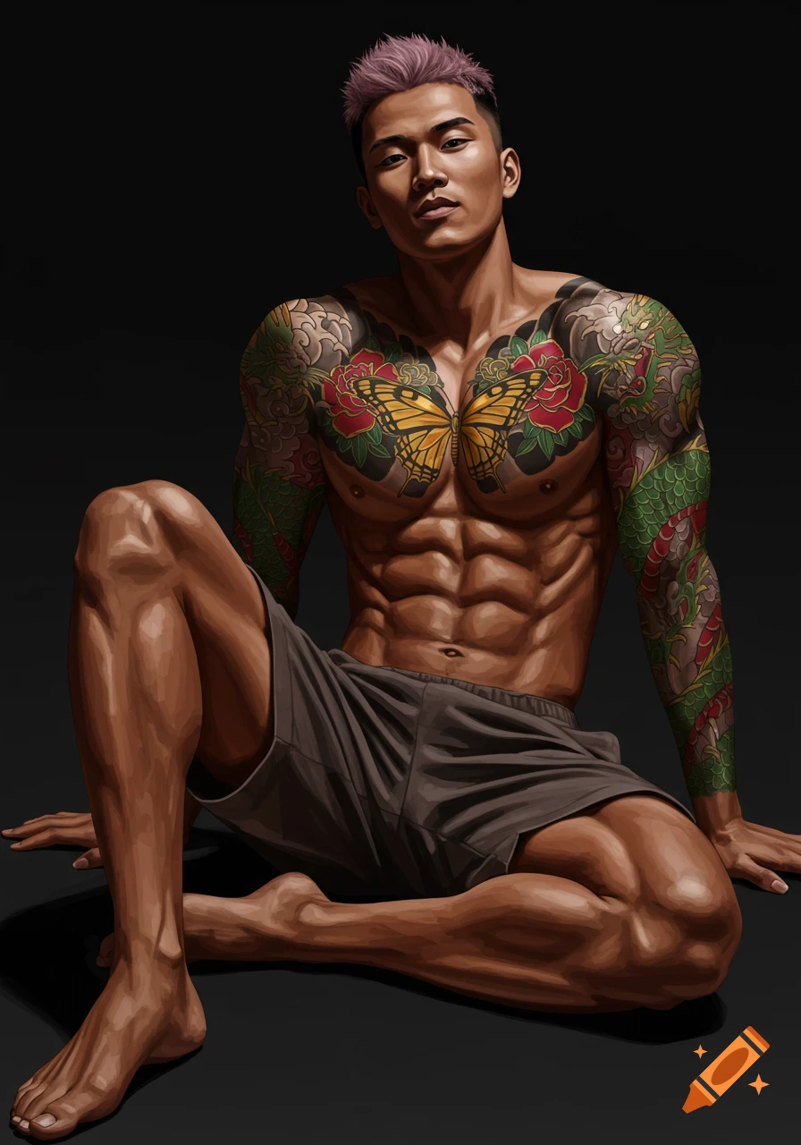 Muscular Asian man with pink spiky hair and colorful Yakuza-style tattoos, sitting in shorts on a dark background. Illustration.