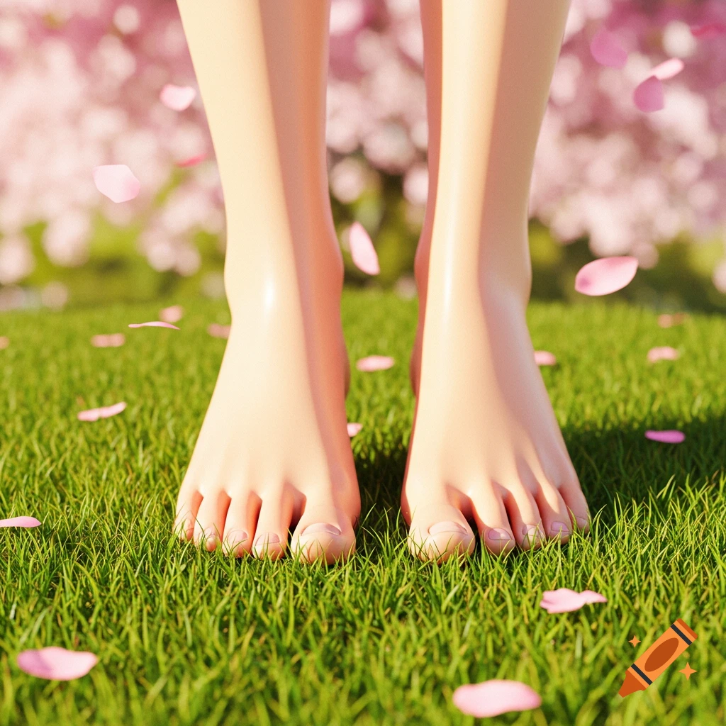 Close-up of anime-style feet standing on green grass with pink cherry blossom petals.