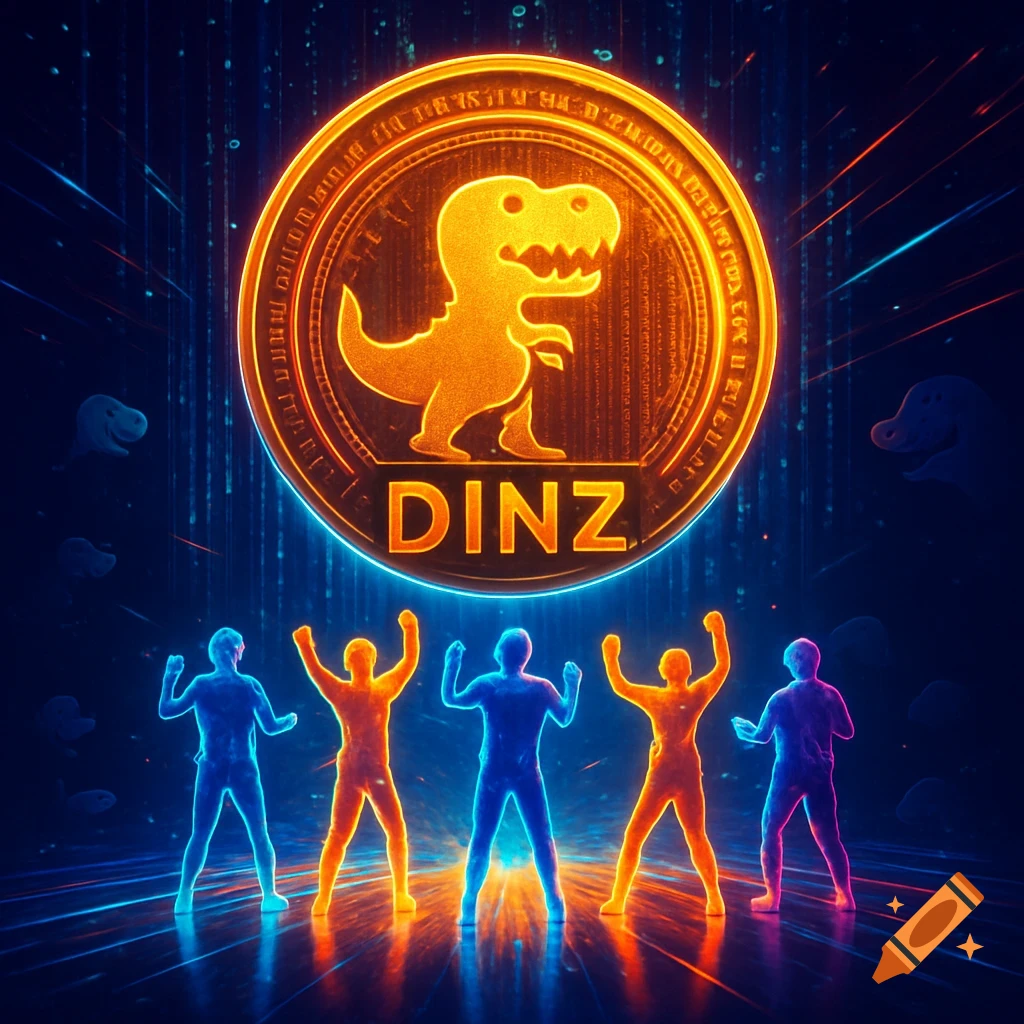 A glowing golden coin with a T-Rex and "DINZ" text, surrounded by five neon-outlined figures with raised arms, against a dark, futuristic digital background.