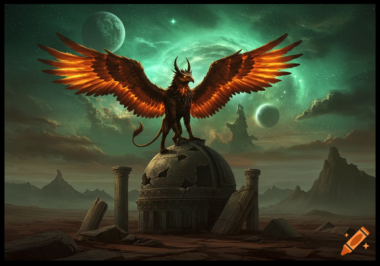 A majestic griffin with fiery wings on ancient ruins on an alien planet under a green nebula sky and twin moons. Epic fantasy art.