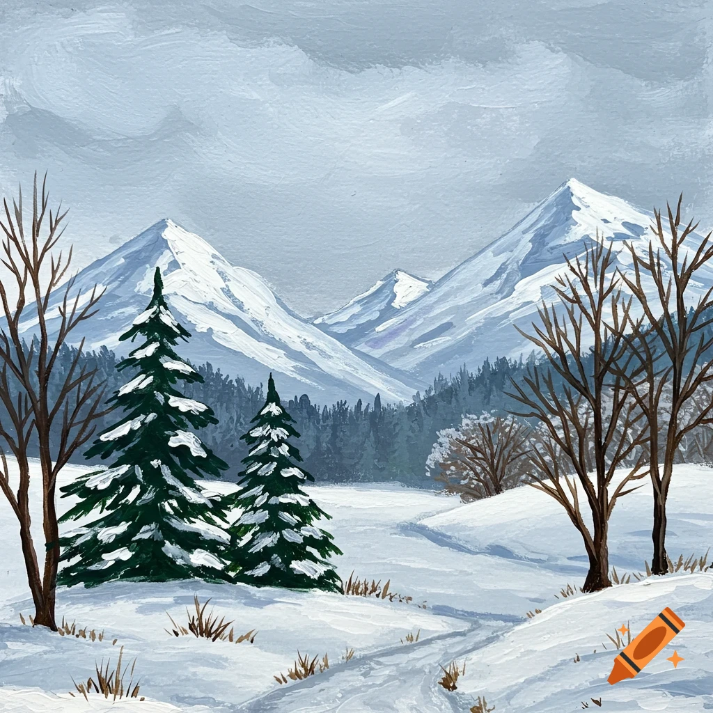 White pencil sketch on black paper of snow-capped mountains over a