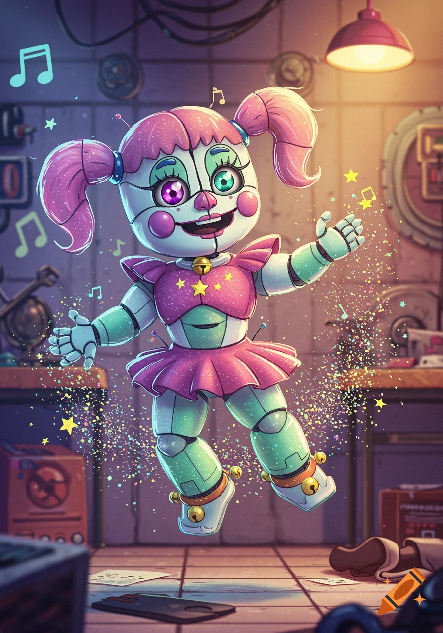A cute, smiling pink and mint green animatronic character with pigtails and a skirt, surrounded by glitter and musical notes in a workshop.