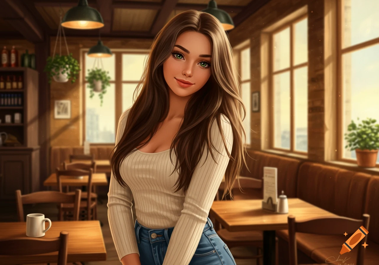 A smiling young woman with long brown hair and green eyes, wearing a white sweater and jeans, stands in a cozy cafe.