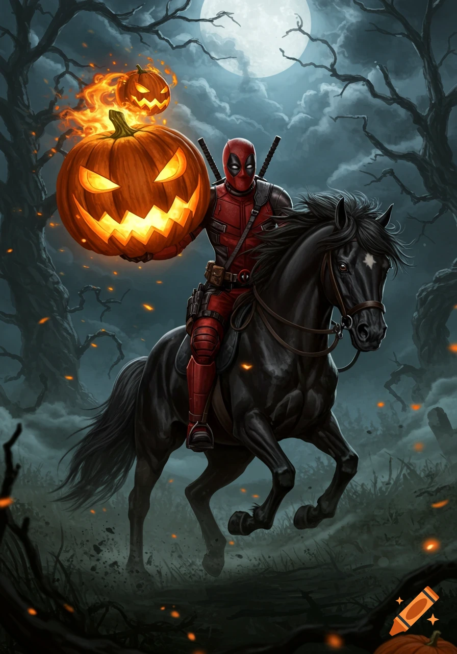 Deadpool rides a black horse at night, holding a large flaming jack-o'-lantern in a spooky forest under a full moon. Digital art.