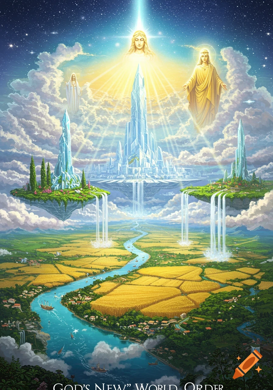 Celestial beings and shining crystal cities float above a river flowing through golden fields, in a detailed fantasy art style.