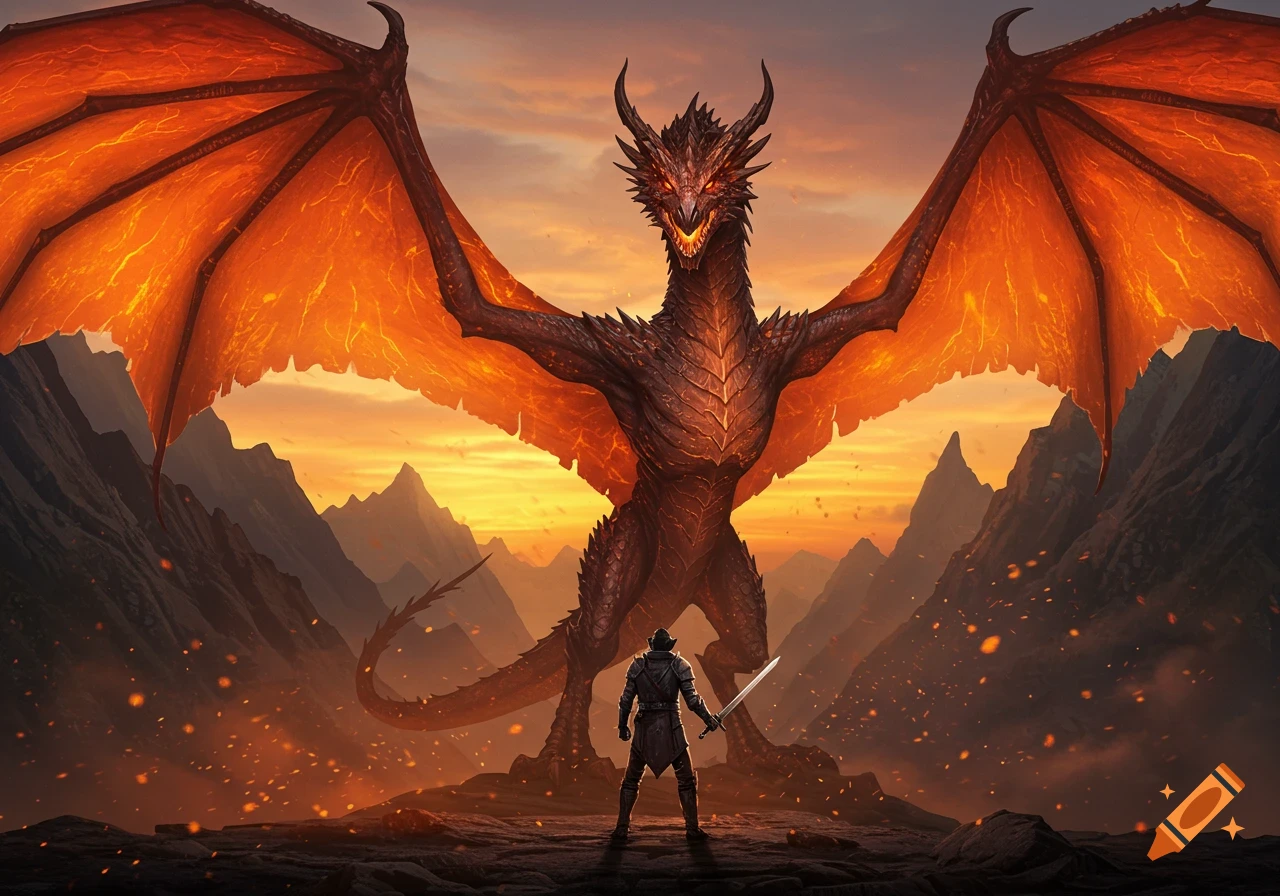 A knight stands before a large, dark dragon with glowing orange wings in a mountainous, fiery landscape at sunset.