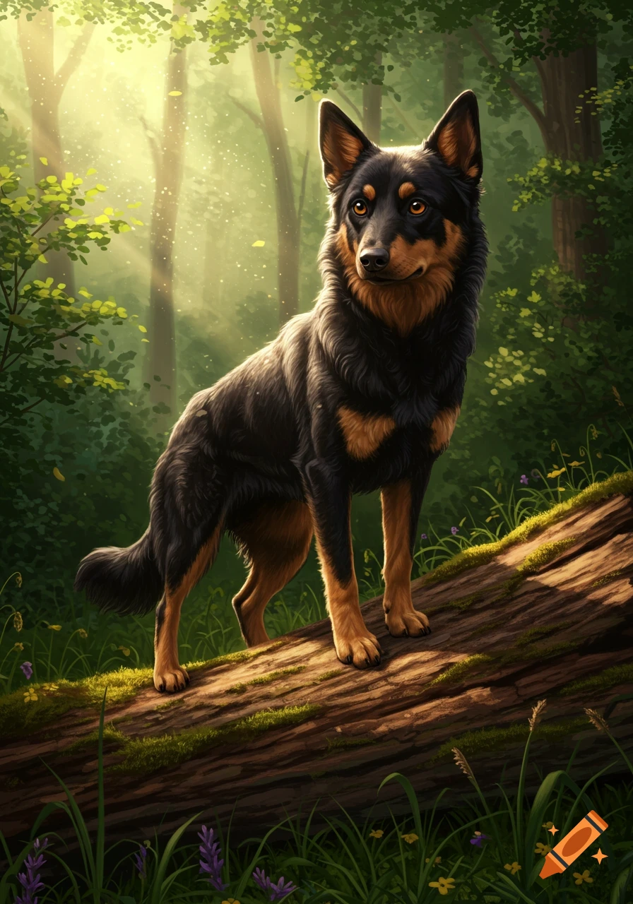 A black and tan Kelpie dog stands on a mossy log in a lush, sunlit forest, digital art.