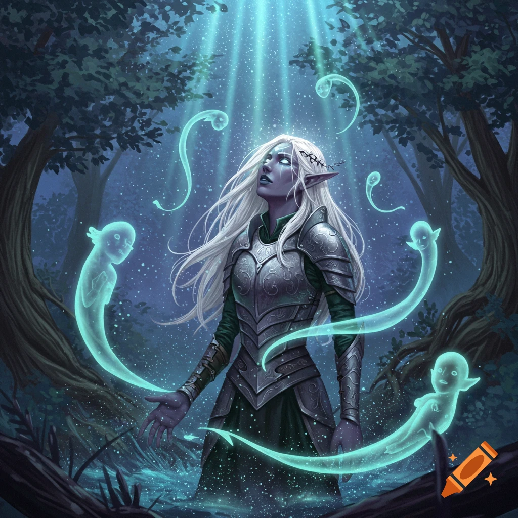A white-haired drow elf in armor looks up at ethereal light, surrounded by glowing spirits in a dark, magical forest.