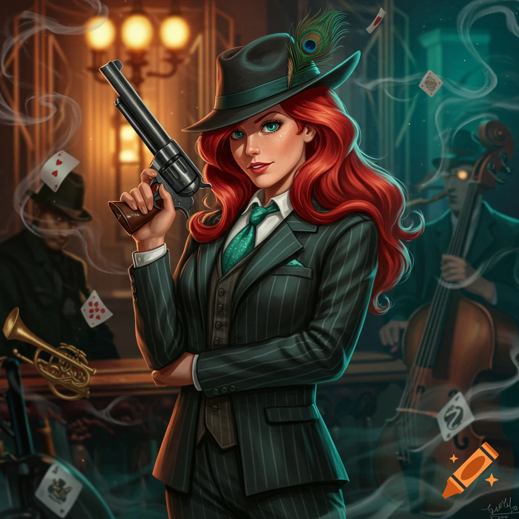 A red-haired woman in a pinstripe gangster suit and fedora holds a revolver in a smoky, dimly lit club.