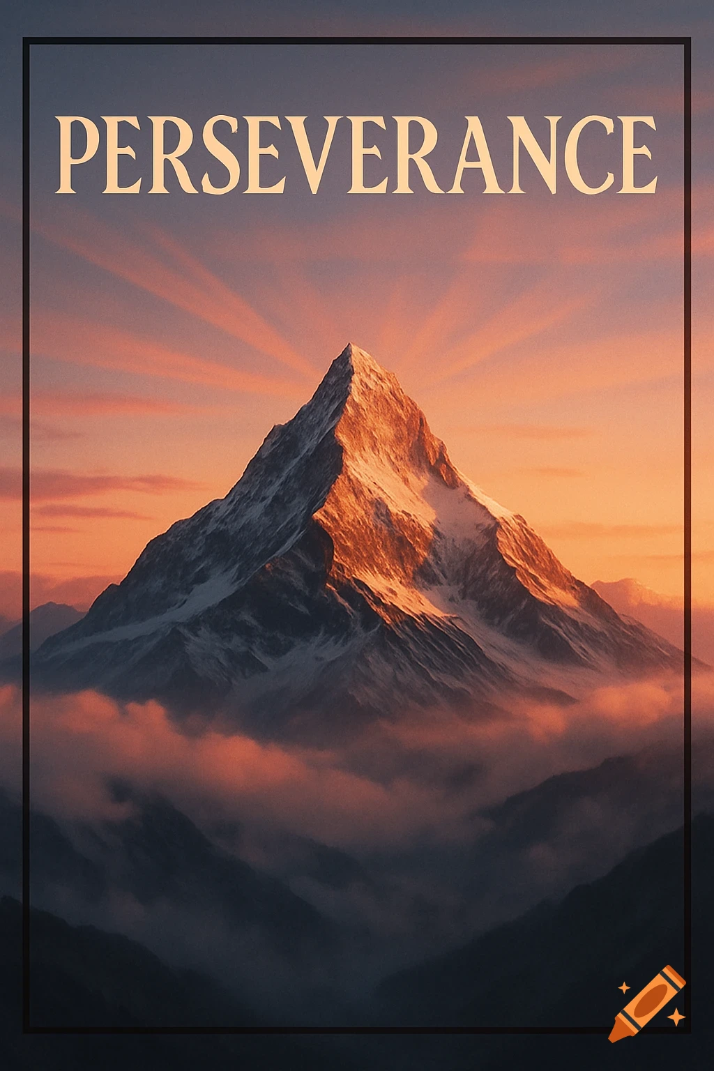 A majestic, snow-capped mountain peak at sunset, surrounded by clouds, with the word 'PERSEVERANCE' at the top, like a poster.