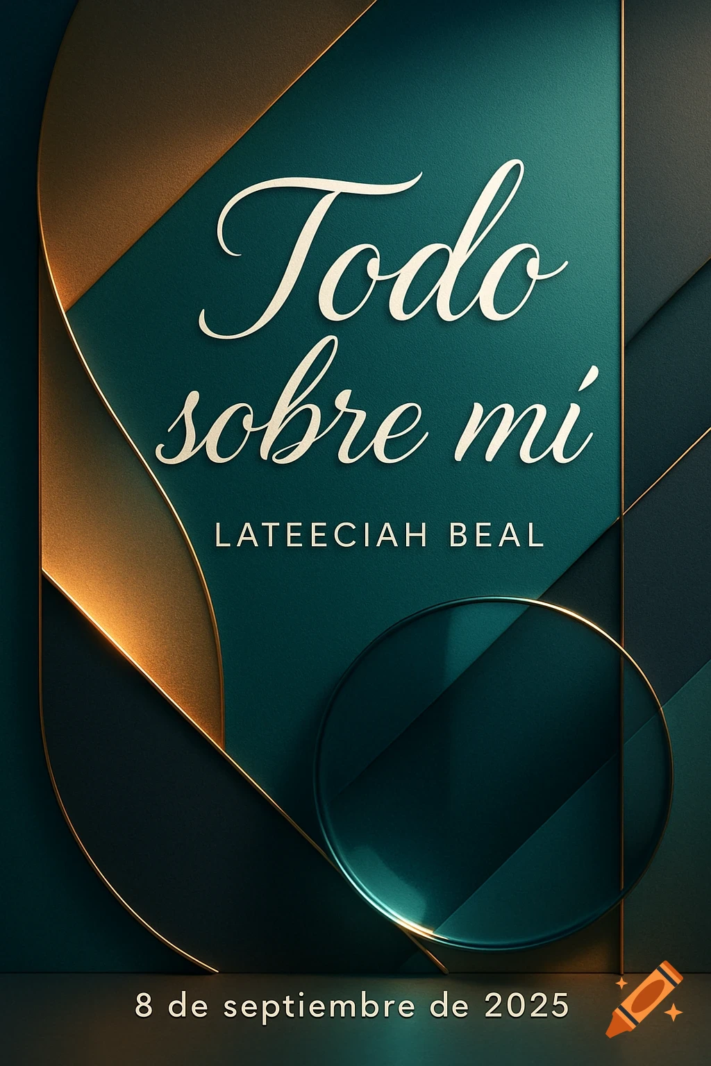 Abstract graphic design in dark teal and gold with white text: 'Todo sobre mi', 'LATEECIAH BEAL', '8 de septiembre de 2025'.