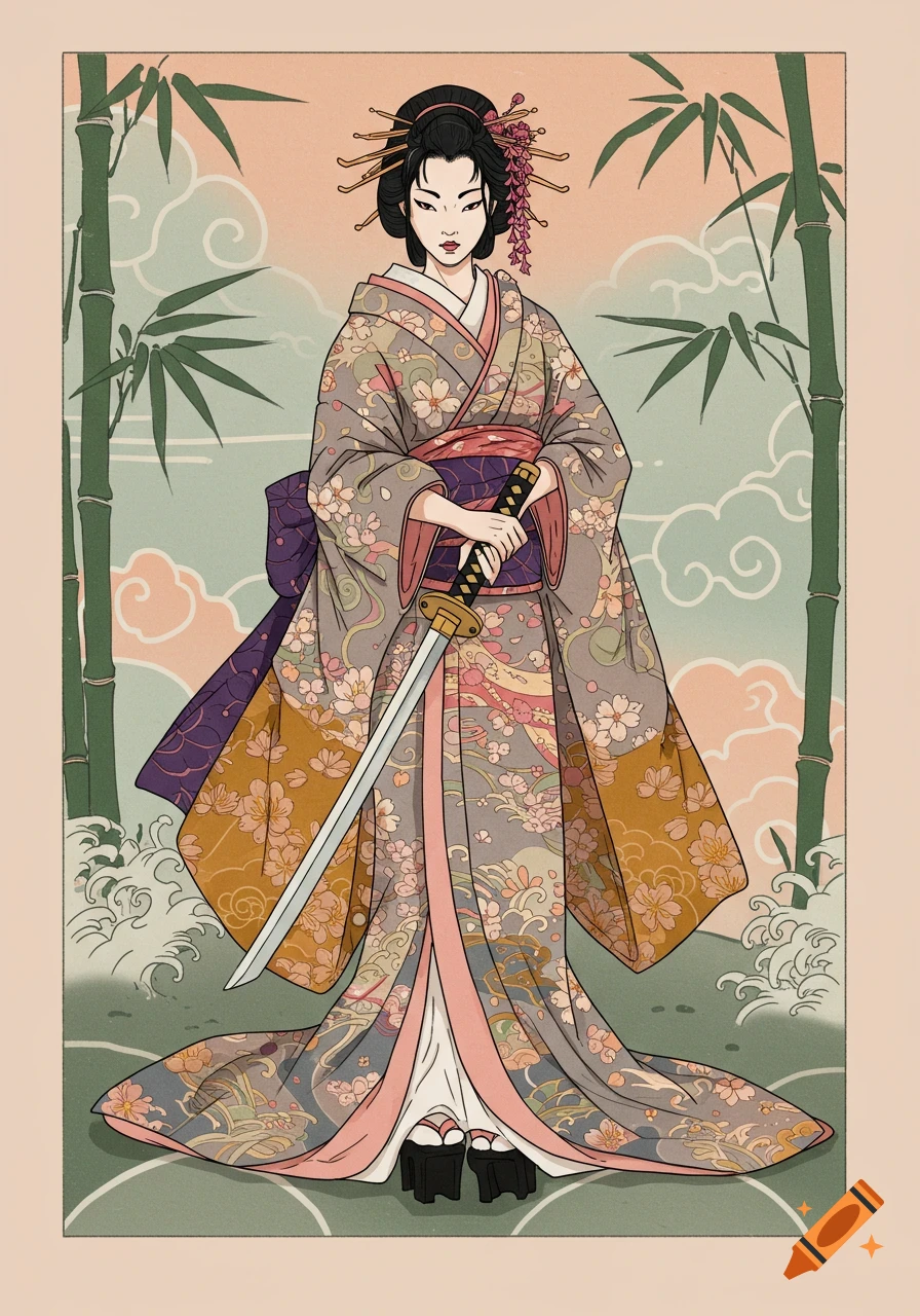 A Japanese geisha-like woman in a decorated kimono holds a katana, standing between bamboo stalks with a stylized background.