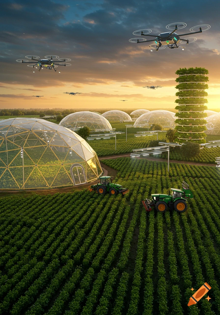 A vibrant, futuristic farm scene at sunset with large dome greenhouses, two tractors, a towering vertical farm, and multiple drones flying overhead.