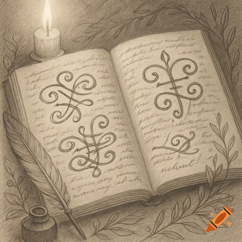 A monochromatic pencil sketch of an open journal with swirling sigils, surrounded by a quill, an inkwell, a lit candle, and leafy branches.